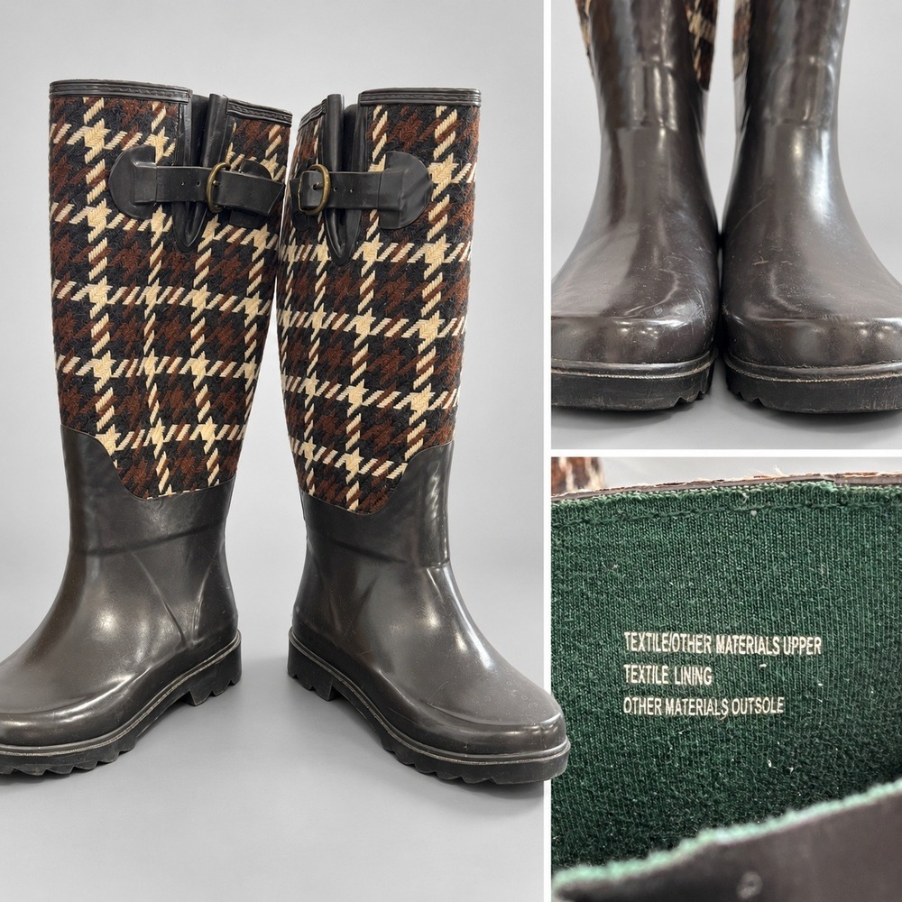 Banana Republic Womens Size 6 Houndstooth Plaid Rubber Rain Boots Brown Black